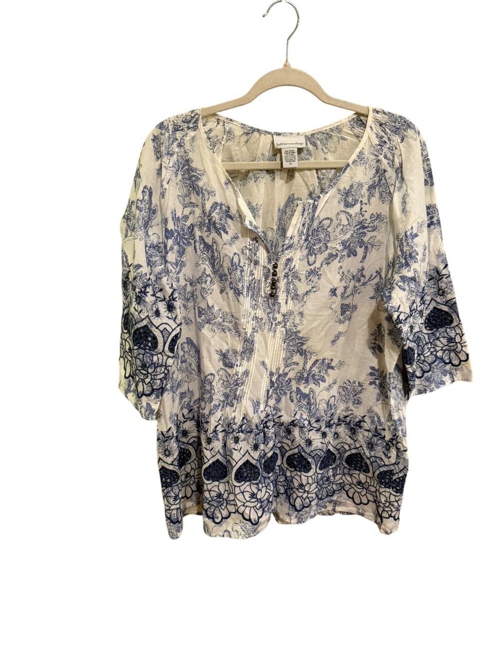 Soft Surroundings Cream and Blue Floral Peasant Tunic/Swim Coverup Coastal